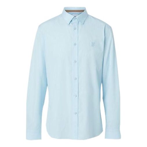 Men's Burberry Logo Embroidered Casual Long Sleeves Cotton Shirt Blue 80175491