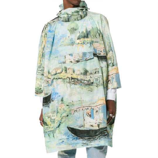 Men's Off-White Painting Pattern Mid-Length Nylon Pullover Hooded Loose Fit Green Windbreaker OMEI001R19C130219900