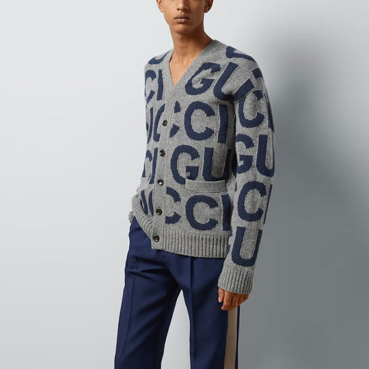 Gucci Wool Cardigan With Gucci Intarsia 'Grey Bue' 771707-XKDLV-1140