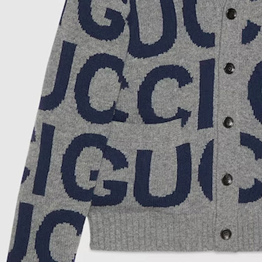 Gucci Wool Cardigan With Gucci Intarsia 'Grey Bue' 771707-XKDLV-1140
