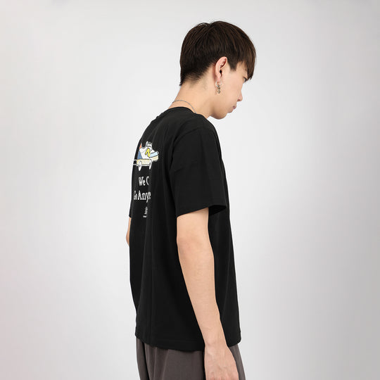 New Balance Back Cartoon Printing Casual Sports Round Neck Short Sleeve Black T-Shirt AMT12342-BK