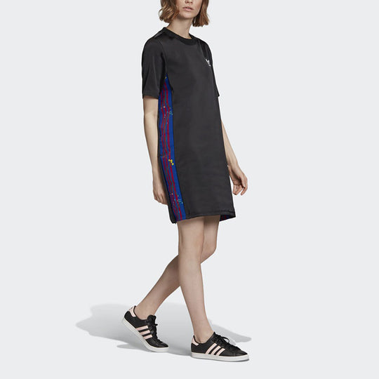 (WMNS) adidas originals Contrasting Colors Side Stripe Sports Short Sleeve Black Dress FL0041