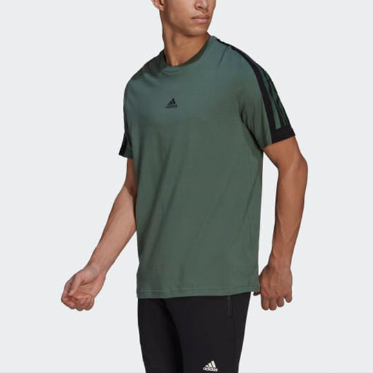 Men's adidas Stripe Colorblock Round Neck Pullover Short Sleeve Dark Green T-Shirt HK2286