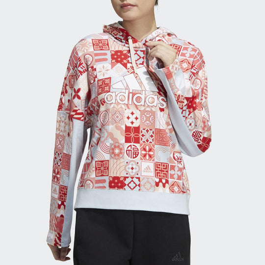 (WMNS) adidas Full Print Athleisure Casual Sports hooded Pullover Hoodie Red HC2795