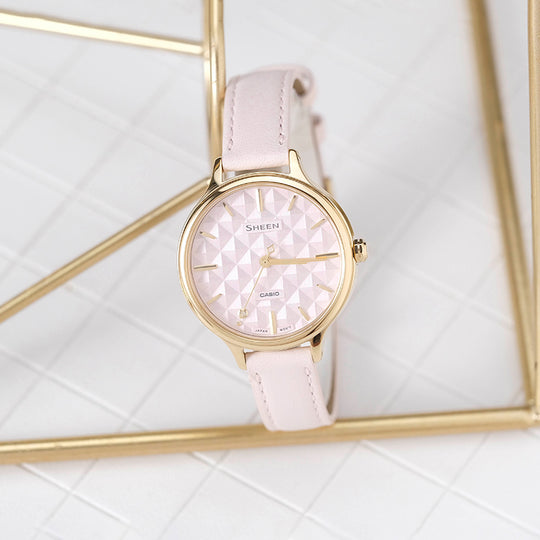 Women's CASIO SHEEN Series Minimalistic 3D Rhombus 3D Dial Business Pale Pink Watch SHE-4545GL-4AUPR Watches - KICKSCREW