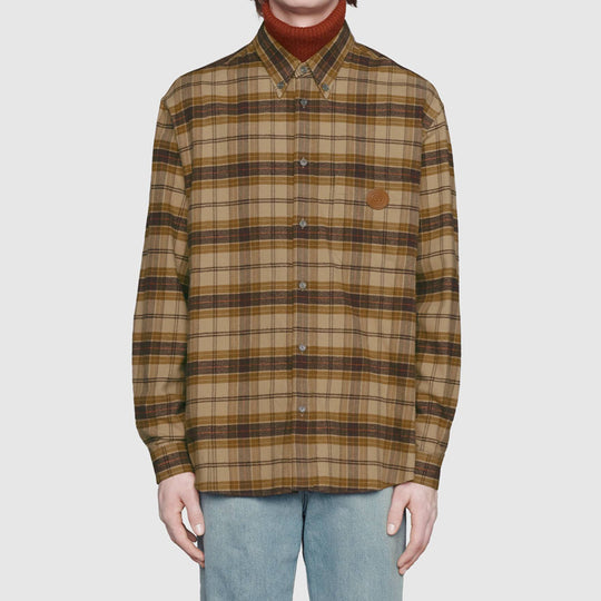 GUCCI Interlocking GG Checkered Cotton Shirt For Men Brown/Beige 629755-Z8AK2-9037 Shirt - KICKSCREW