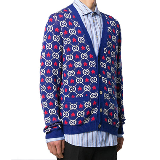 GUCCI GG Star Long Sleeve Knitted Cardigan For Men Blue 576793-XKAUI-4915
