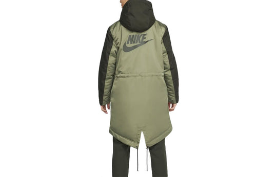 Men's Nike Sportswear Therma-Fit White Space Back Large Logo Printing Colorblock Mid-Length Hooded Jacket Green DD6776-355