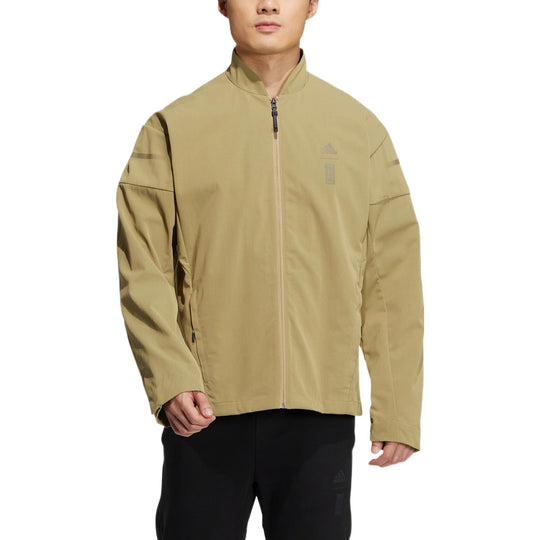 Men's adidas Chest Logo Stand Collar Zipper Long Sleeves Jacket Brown