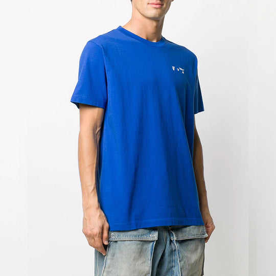 Men's OFF-WHITE Logo Loose Round Neck Pullover Blue T-Shirt OMAA027F20FAB0024501 T-shirts - KICKSCREW