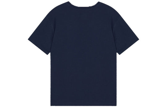 New Balance Logo Embroidered Knit Round Neck Short Sleeve Navy Blue T ...