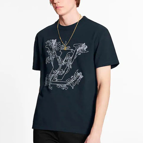 LV Back Embroidery Black Short Sleeve Round Neck T-Shirt