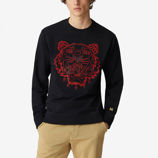 Men's KENZO China Capsule Series Tiger Head Embroidered Round Neck Pullover Black FB55SW1204MN-99