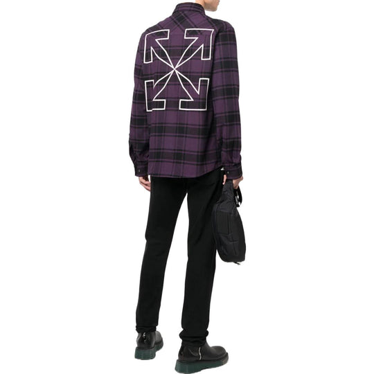 Men's OFF-WHITE Logo Printing Plaid Long Sleeves Dark Purple Shirt OMGA133F22FAB00235363536