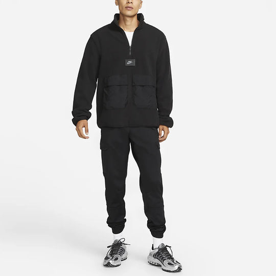 Men's Nike Sportswear Therma-FIT Logo Label Suede Half Zipper Stand Collar Jacket Black DO2638-010