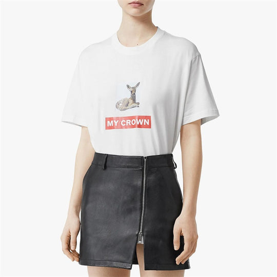 (WMNS) Burberry Deer Printing Cotton Loose Short Sleeve White 80136641