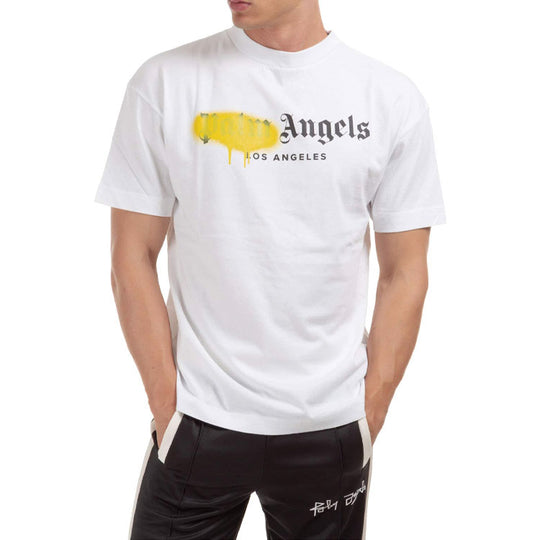 Men's PALM ANGELS Yellow Graffiti Logo Short Sleeve White PMAA001F20JER0160118