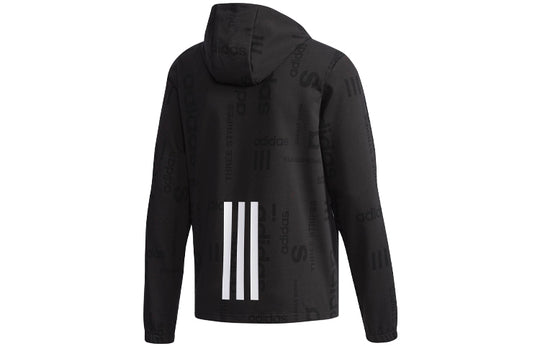 Men's adidas neo Full Print Logo Sports Pullover Hooded Knit Black CV7570