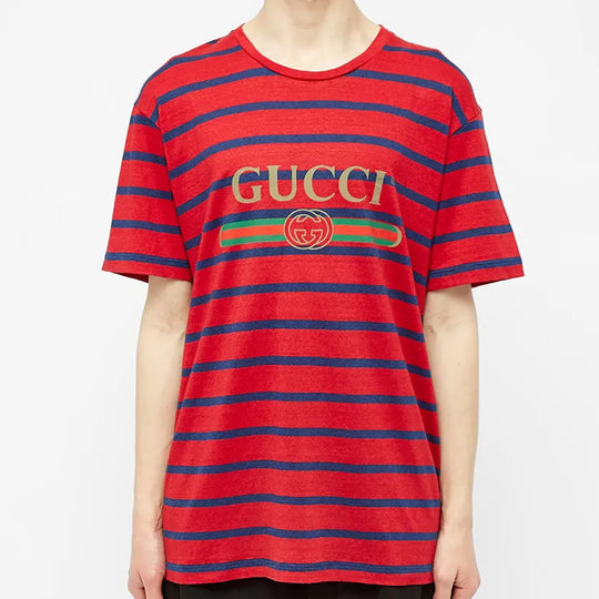 GUCCI SS20 Mens Logo Red Blue Stripes Short Sleeve Tee 604177-XJB6W-6090 T-shirt - KICKSCREW