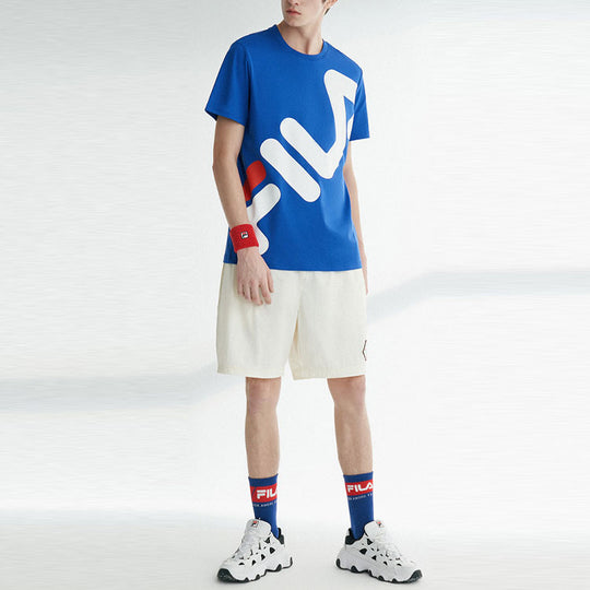 Men's FILA FUSION Contrasting Colors Large Logo Printing Loose Short Sleeve Blue T-Shirt T11M022118A-BU