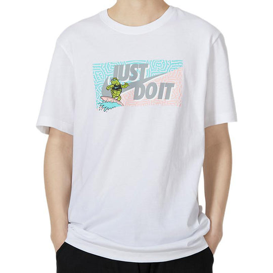 Men's Nike Square Brand Logo Cartoon Printing Round Neck Casual Short Sleeve White T-Shirt DQ1088-100