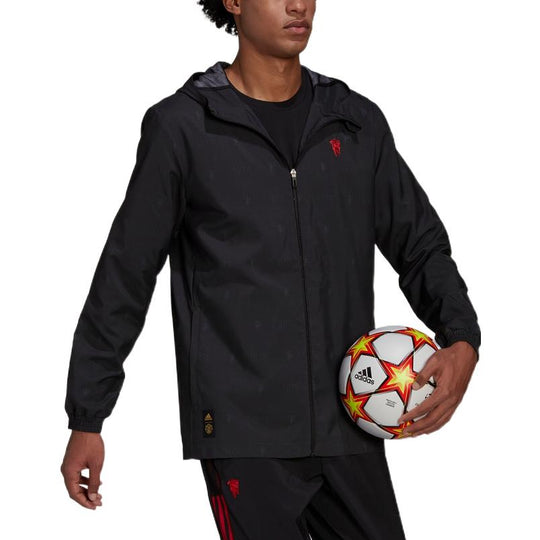 Men's adidas Logo Manchester United Soccer/Football Label Zipper Hooded Jacket Black H56689