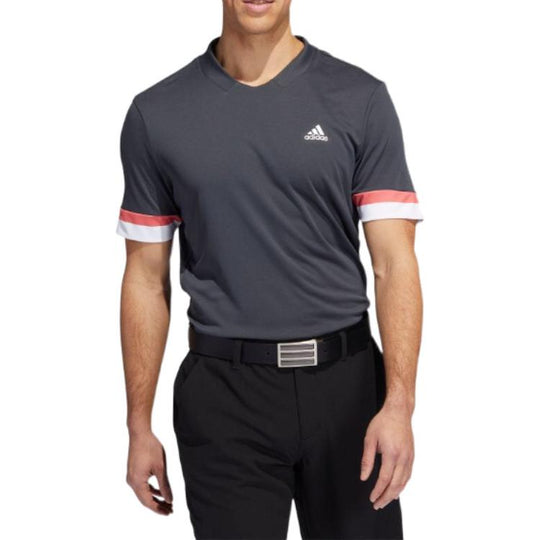 Men's adidas Colorblock V Neck Breathable Logo Stripe Quick Dry Short Sleeve Carbon Black T-Shirt HI4752
