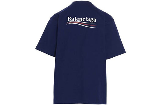 Men's Balenciaga Political Campaign Printing Large Version Short Sleeve Navy Blue 641675TIV521195