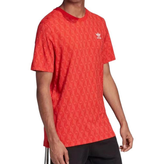Men's adidas originals Plaid Logo Full Print Round Neck Short Sleeve Orange T-Shirt FM3426