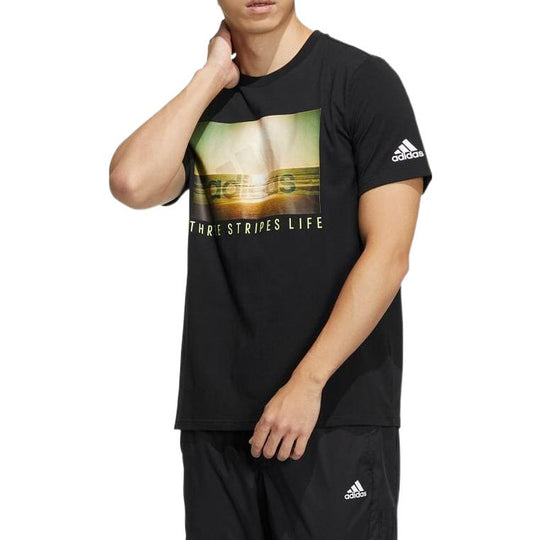 adidas Logo Sunset Printing Round Neck Short Sleeve Black HN0402