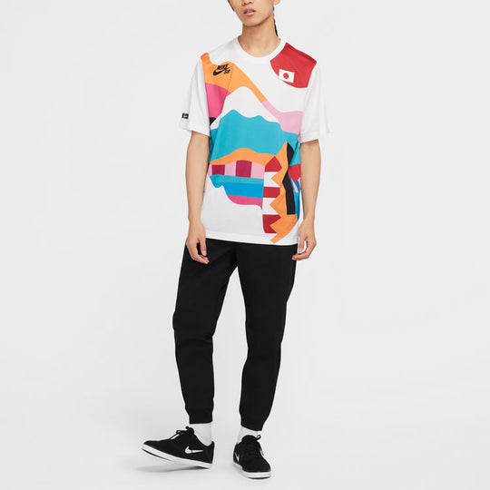 Men's Nike SB x Parra Crossover Japan Contrasting Colors Pattern Quick Dry Breathable Skateboard Short Sleeve Asia Edition White T-Shirt CT6051-100