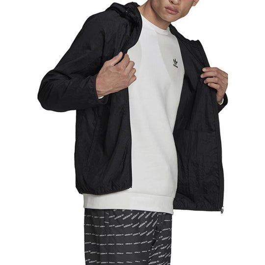 Men's adidas originals Solid Color Logo Hooded Zipper Cardigan Elastic Sports Jacket Black H34687
