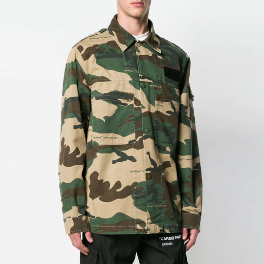 Men's OFF-WHITE Logo Printing Lapel Camouflage Jacket Loose Fit Green 　 OMGA063E18A300039901 Jacket - KICKSCREW