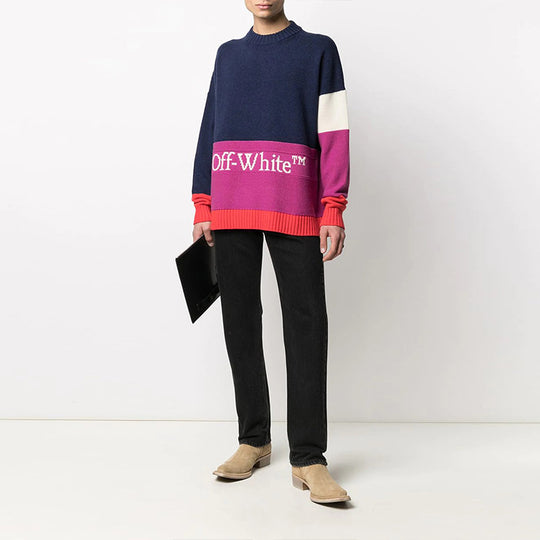 Off-White SS21 Colorblock Logo Round Neck Long Sleeves Blue OMHE048R21KNI0014972