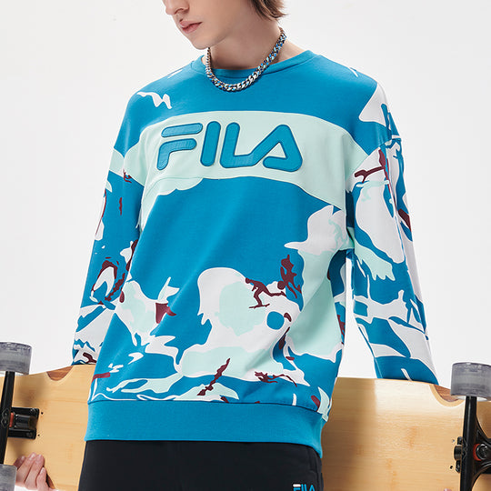 Men's FILA FUSION Logo Contrast Color Stitching Camouflage Loose Sports Round Neck Pullover Blue Sole T11M133201F-BU