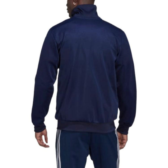 Men's adidas originals Retro Sports Stripe Logo Zipper Stand Collar Jacket Navy Blue HK7364