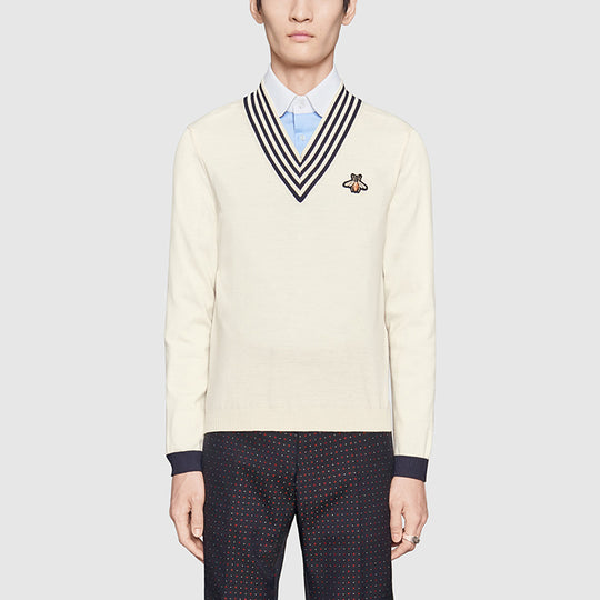 GUCCI V-neck Wool Knit With Bee 'White' 496442-X9I00-9515