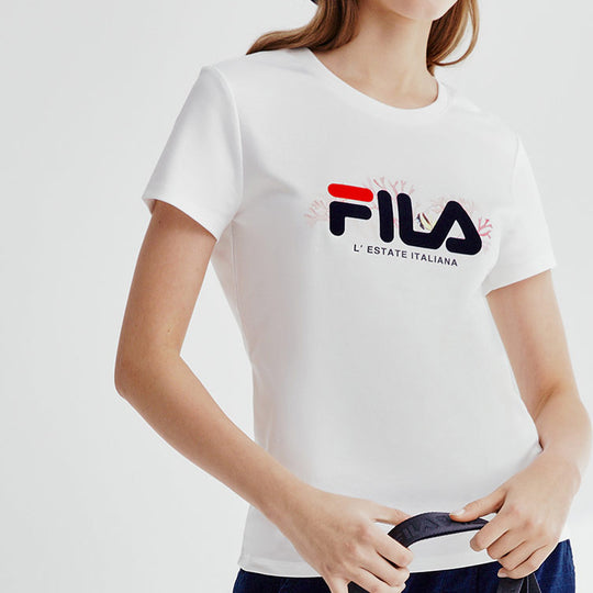 Women's FILA Round Neck Short Sleeve White T-Shirt F61W028117F-WT T-shirts - KICKSCREW