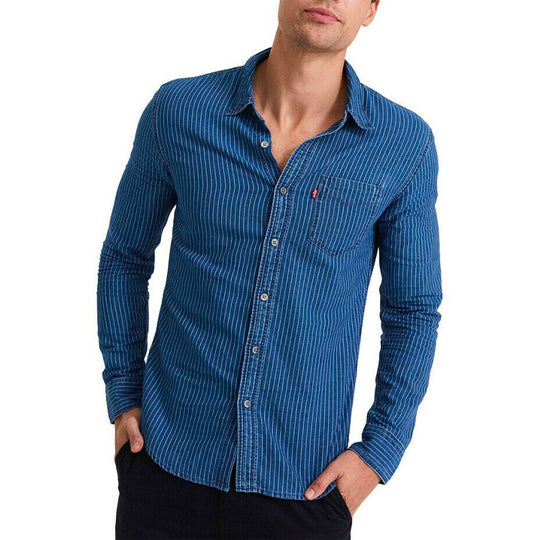 Men's Levis Casual Pure Cotton Stripe Long Sleeves Blue Shirt 86619-0000