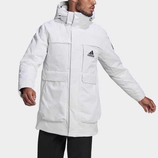 adidas Full-length zipper Cardigan Multiple Pockets Down Jacket Couple Style White GN9838