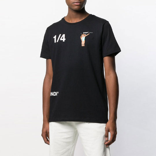 Men's Off-White 1/4 Back Printing Short Sleeve Black T-Shirt OMAA027R191850071088