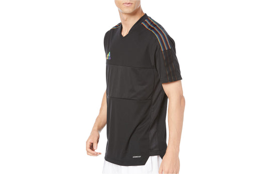 Men's adidas Stripe Brand Logo Soccer/Football Short Sleeve Black T-Shirt GS4721
