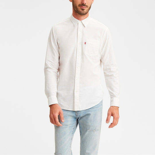 Men's Levis Lapel Pure Cotton Pocket Long Sleeves White Shirt 85746-0000
