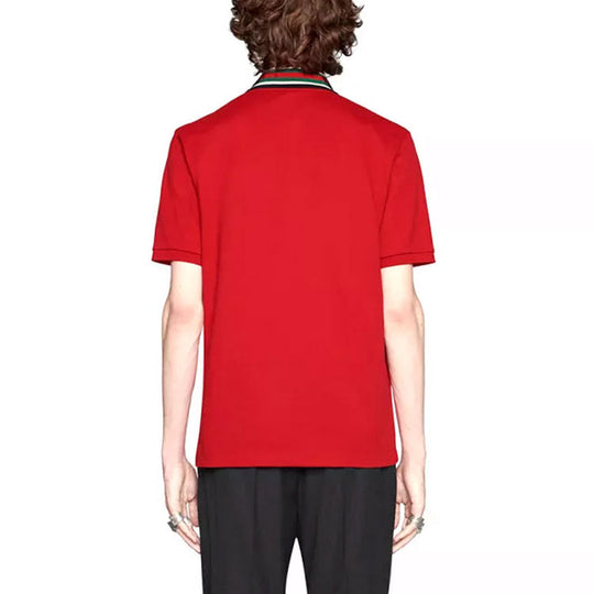 Men's GUCCI Stripe Webbing Embroidered Tiger Head Red Polo Shirt  545714-XJAGU-6057