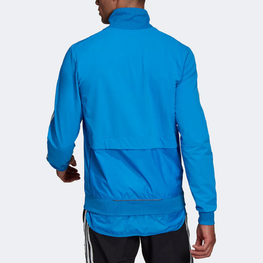 adidas Solid Color Logo Stripe Zipper Stand Collar Casual Jacket Blue H57197