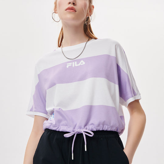 FILA FUSION Contrasting Colors Stripe Loose Round Neck Short Sleeve Lavender T-Shirt T11W135106F-VT