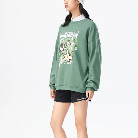Li-Ning CF Sports Fashion Series Flowers Alphabet Printing Loose Fleece Lined Round Neck Pullover Green Hoodie AWDS556-3