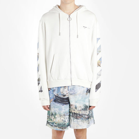 Off-White Zipped Up Printed Hooded sweater Men White OMBE001G20FLE0010110