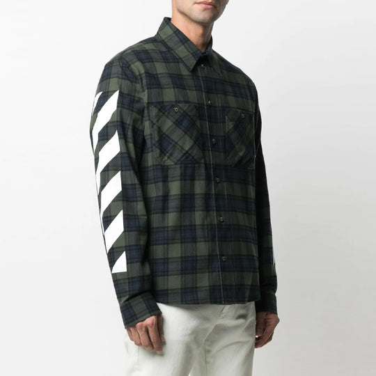 OFF-WHITE SS21 Stripe Printing Plaid flannel Long Sleeves Shirt Green OMGA133S21FAB0015701 Shirt - KICKSCREW