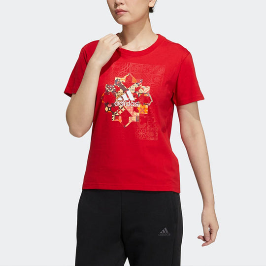 (WMNS) adidas Printing Logo Round Neck Short Sleeve Red HC2807